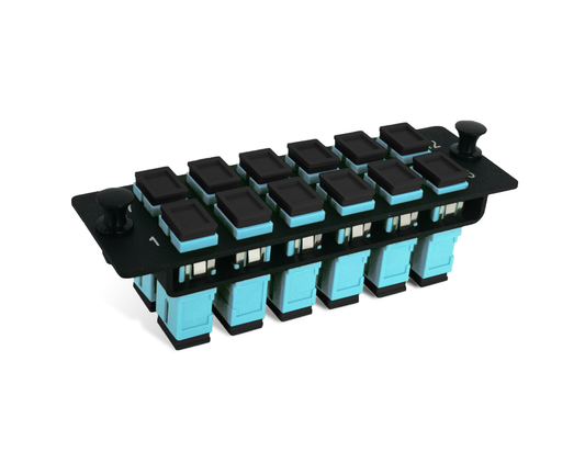 FHD Fiber Adapter Panel, 12 Fibers OM4 MultiMode, 12x SC UPC Duplex (Aqua) Adapter, Ceramic Sleeve